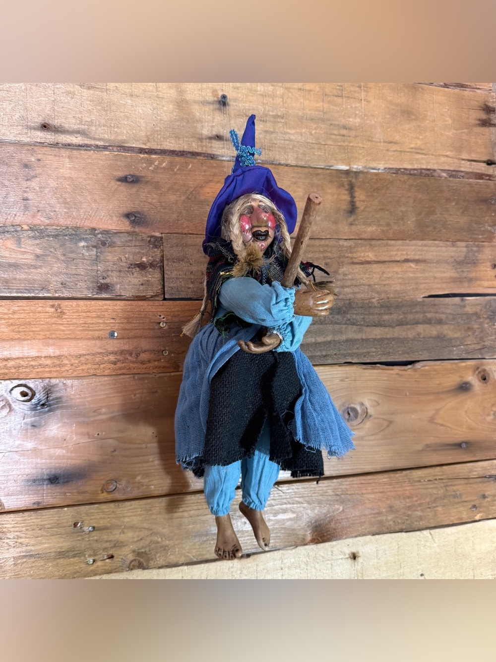 Vintage Kasma Halloween Flying Kitchen WITCH Doll Ceramic Blue Painted 17”